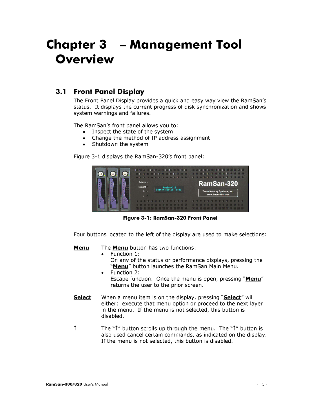 Texas Memory Systems RamSan-300/320 manual Management Tool Overview, Front Panel Display 