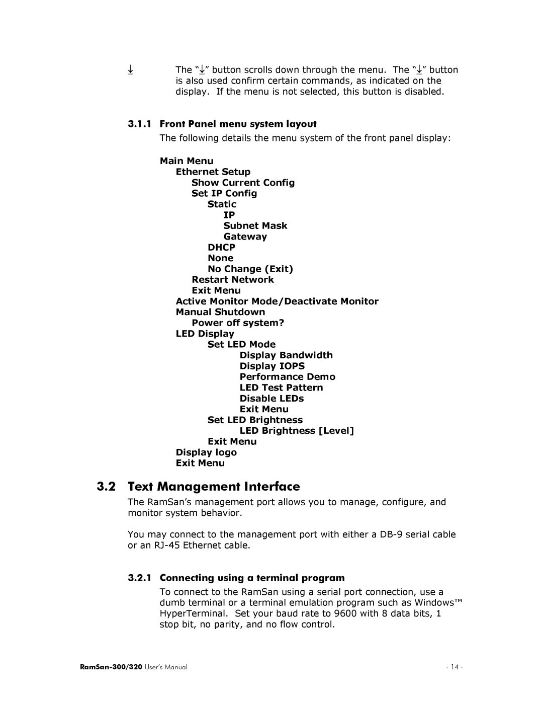 Texas Memory Systems RamSan-300/320 manual Text Management Interface, Front Panel menu system layout 