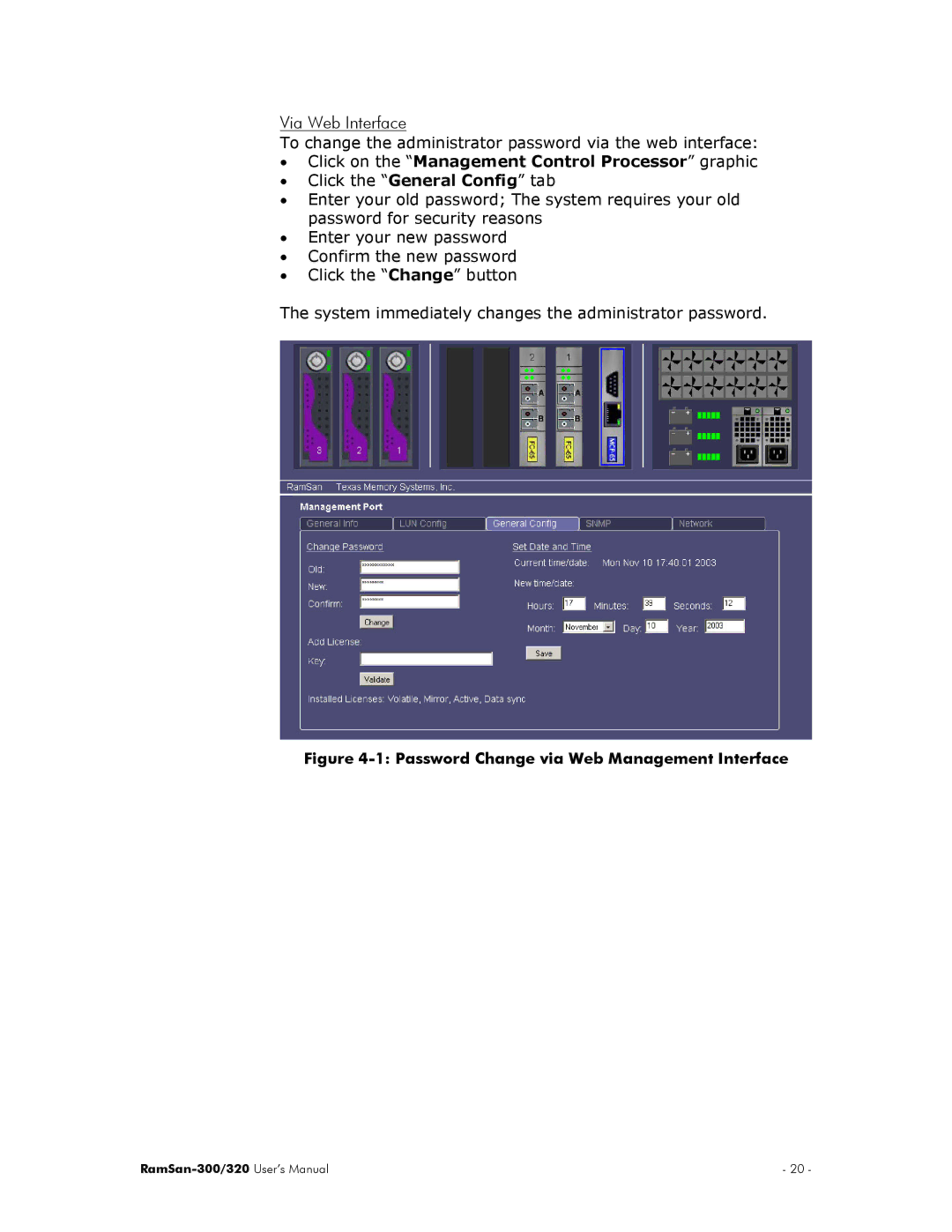 Texas Memory Systems RamSan-300/320 manual Via Web Interface, Click on the Management Control Processor graphic 