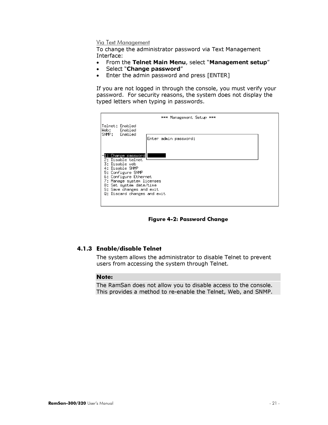 Texas Memory Systems RamSan-300/320 manual Via Text Management, Enable/disable Telnet 