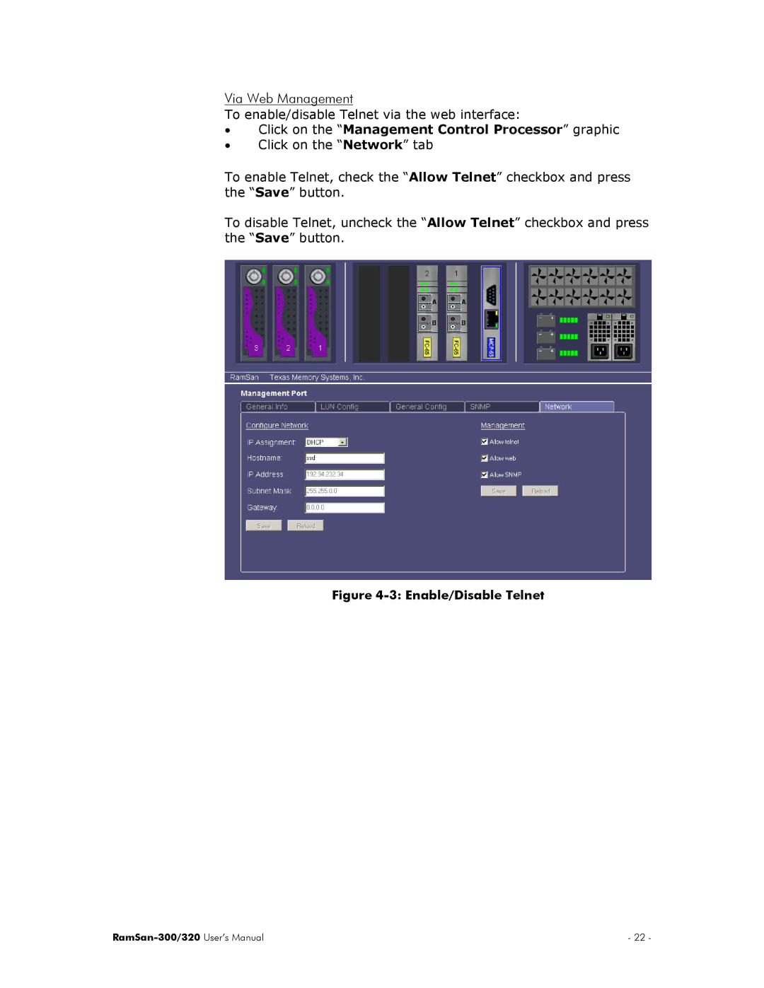 Texas Memory Systems RamSan-300/320 manual Via Web Management, Enable/Disable Telnet 