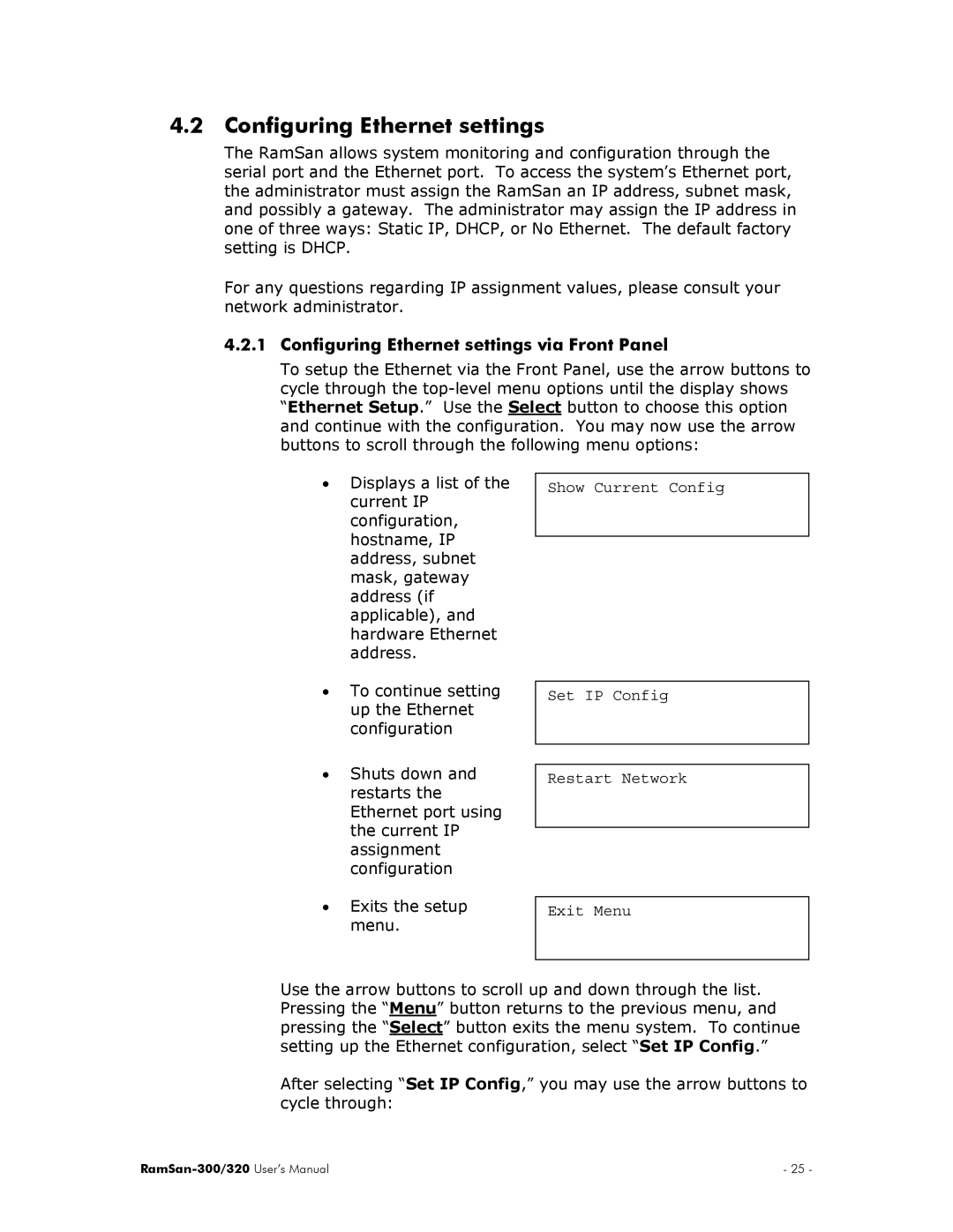 Texas Memory Systems RamSan-300/320 manual Configuring Ethernet settings via Front Panel 