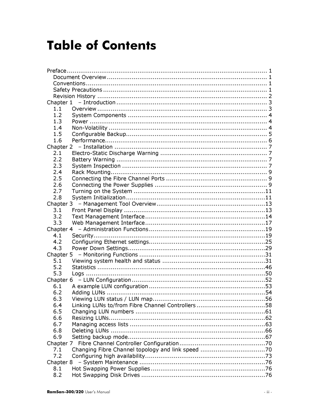 Texas Memory Systems RamSan-300/320 manual Table of Contents 