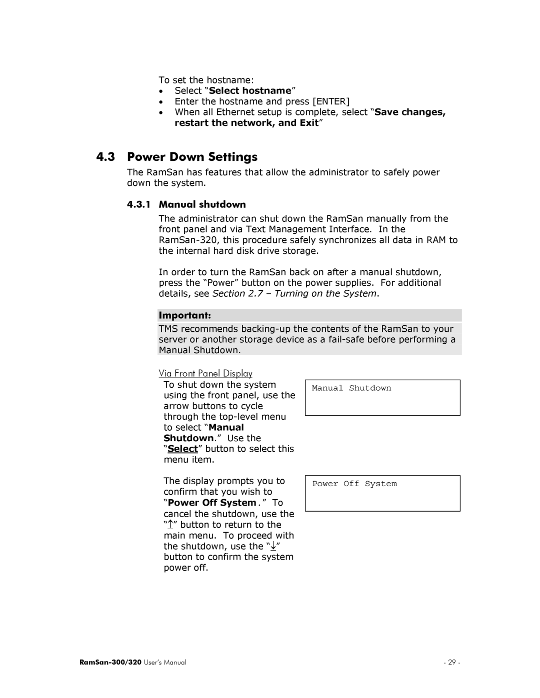 Texas Memory Systems RamSan-300/320 Power Down Settings, Manual shutdown, Via Front Panel Display, Select Select hostname 