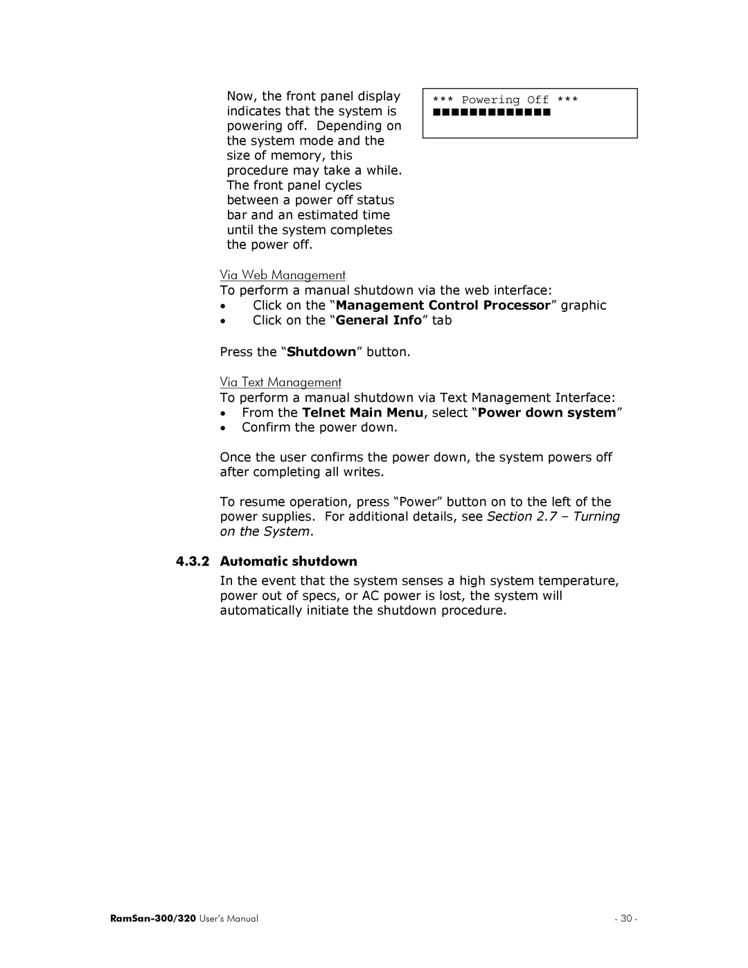 Texas Memory Systems RamSan-300/320 manual Automatic shutdown, From the Telnet Main Menu, select Power down system 