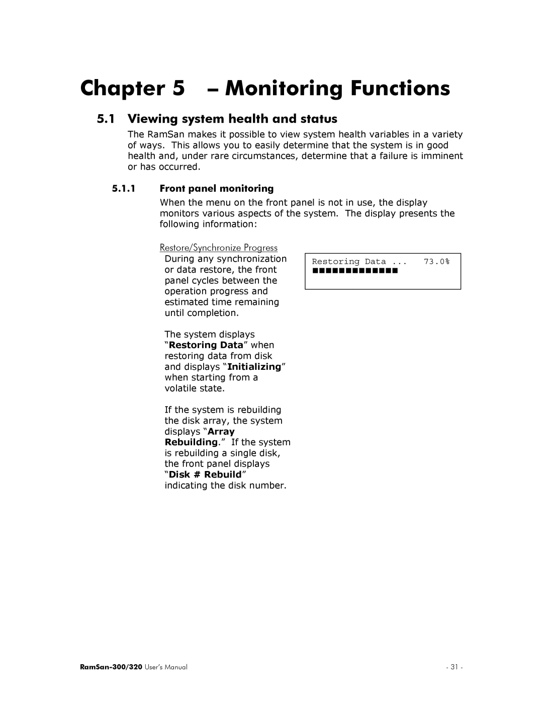 Texas Memory Systems RamSan-300/320 manual Monitoring Functions, Viewing system health and status, Front panel monitoring 