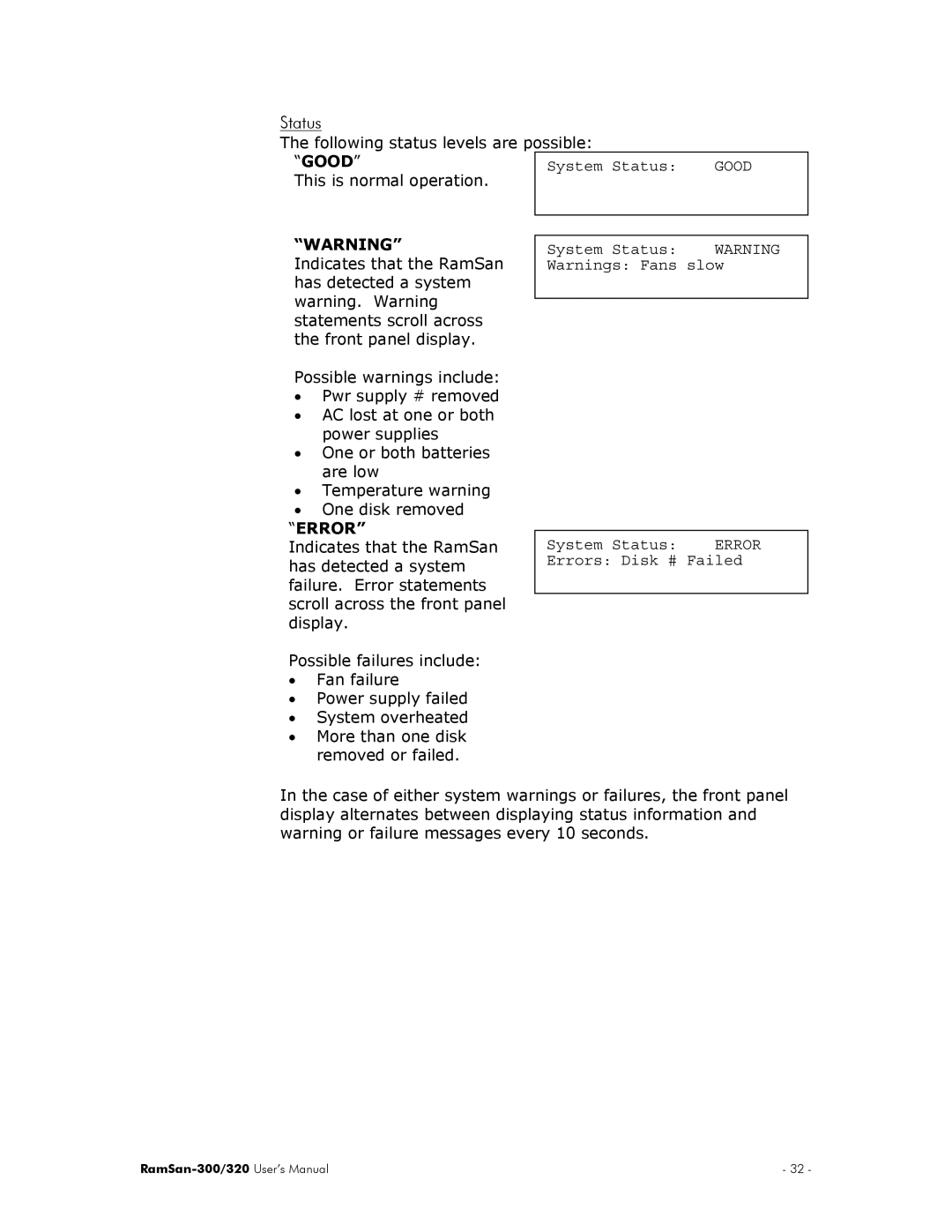 Texas Memory Systems RamSan-300/320 manual Status, Error 