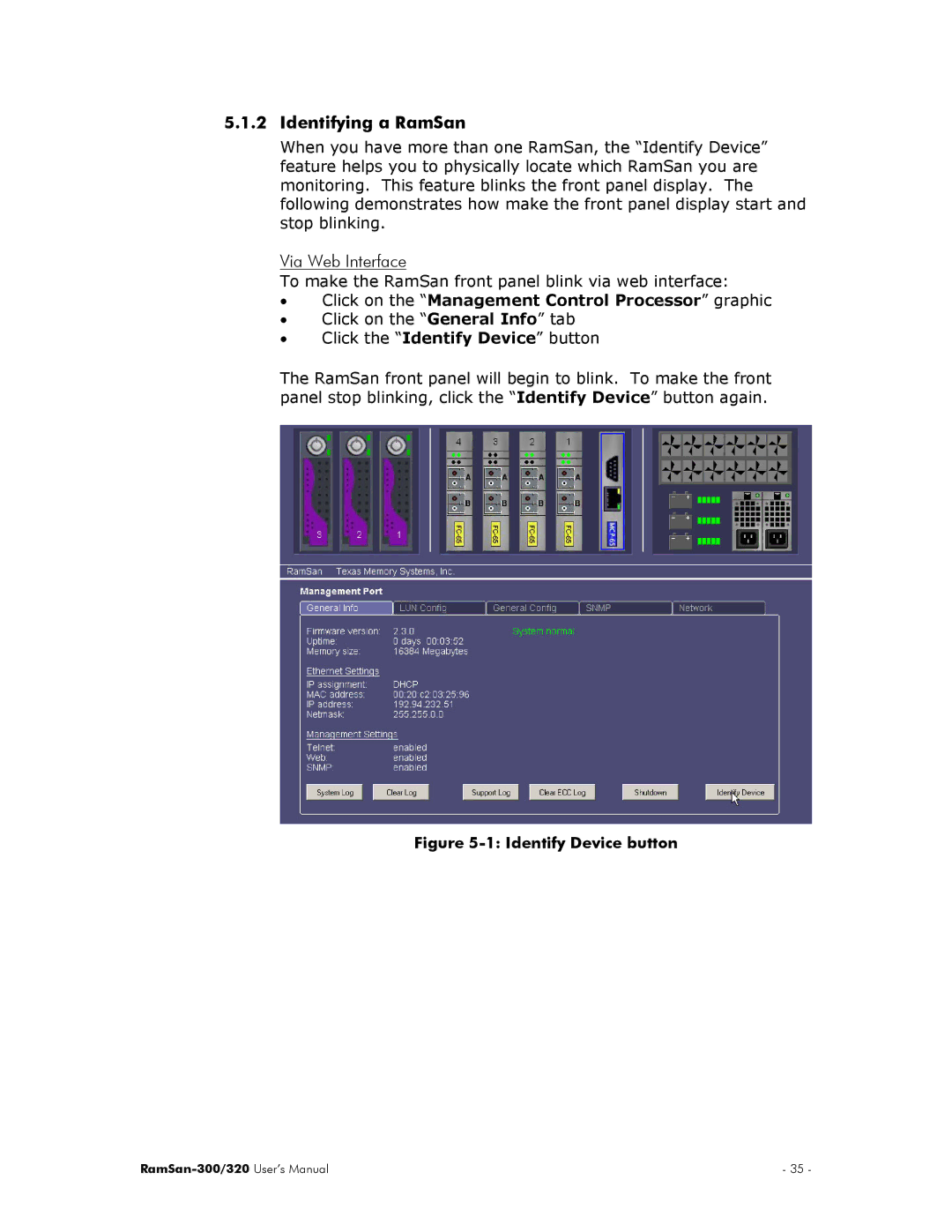 Texas Memory Systems RamSan-300/320 manual Identifying a RamSan, Identify Device button 