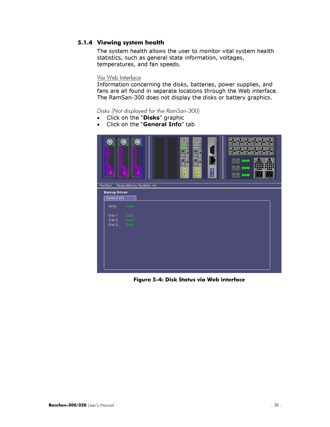 Texas Memory Systems RamSan-300/320 manual Viewing system health, Disk Status via Web interface 