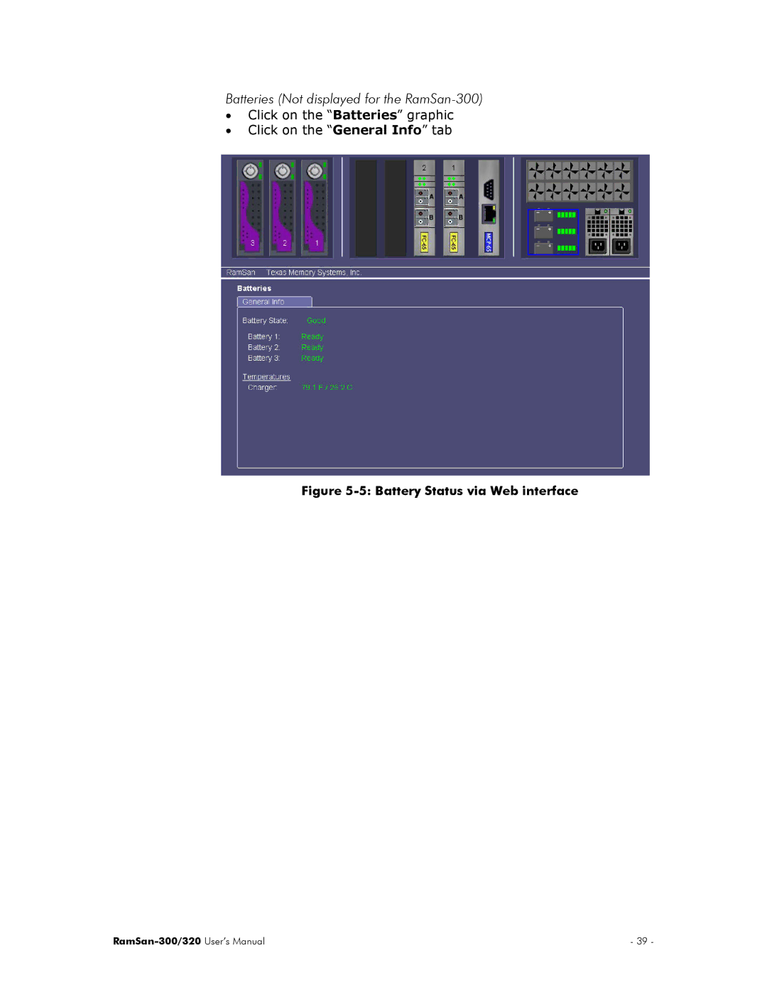 Texas Memory Systems RamSan-300/320 manual Batteries Not displayed for the RamSan-300 