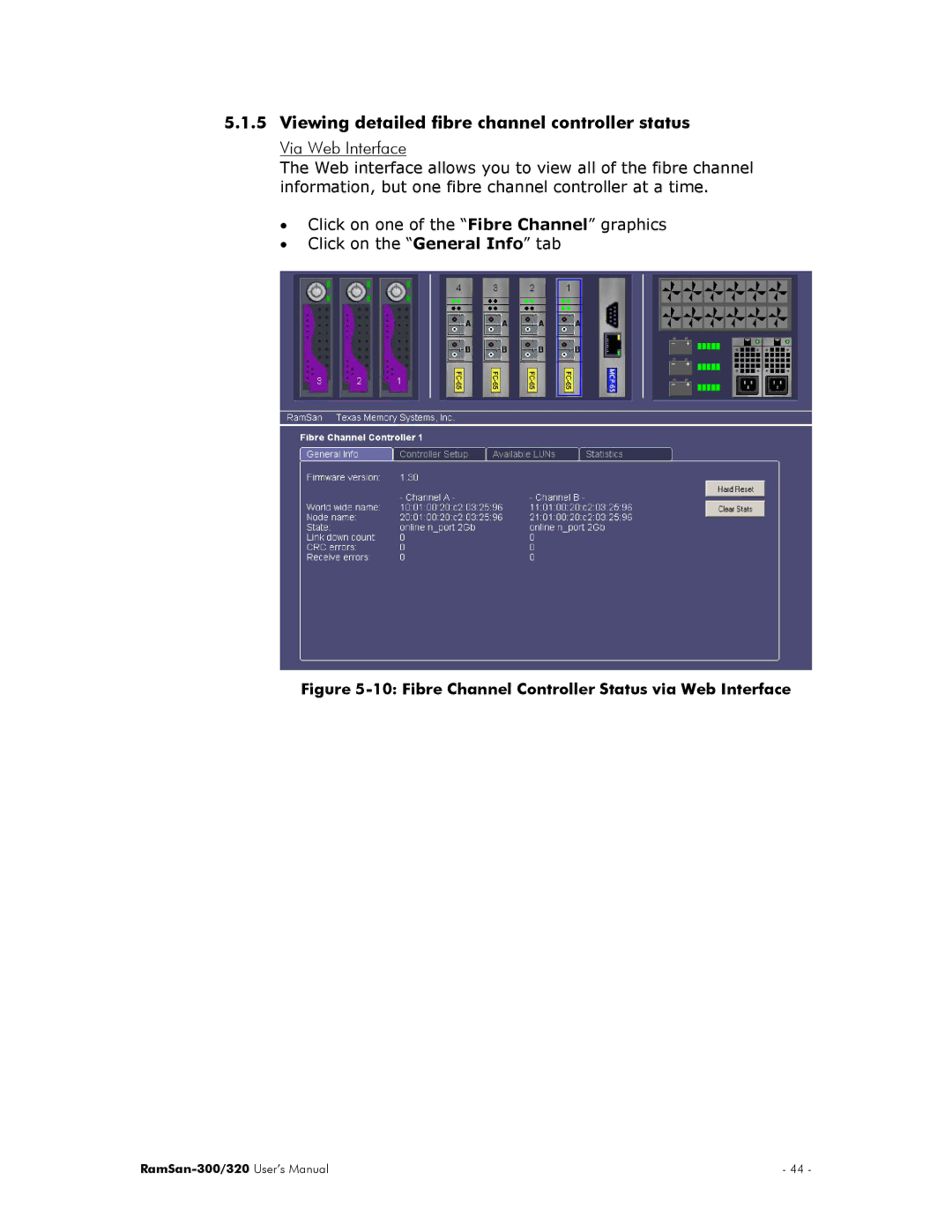 Texas Memory Systems RamSan-300/320 manual Viewing detailed fibre channel controller status 