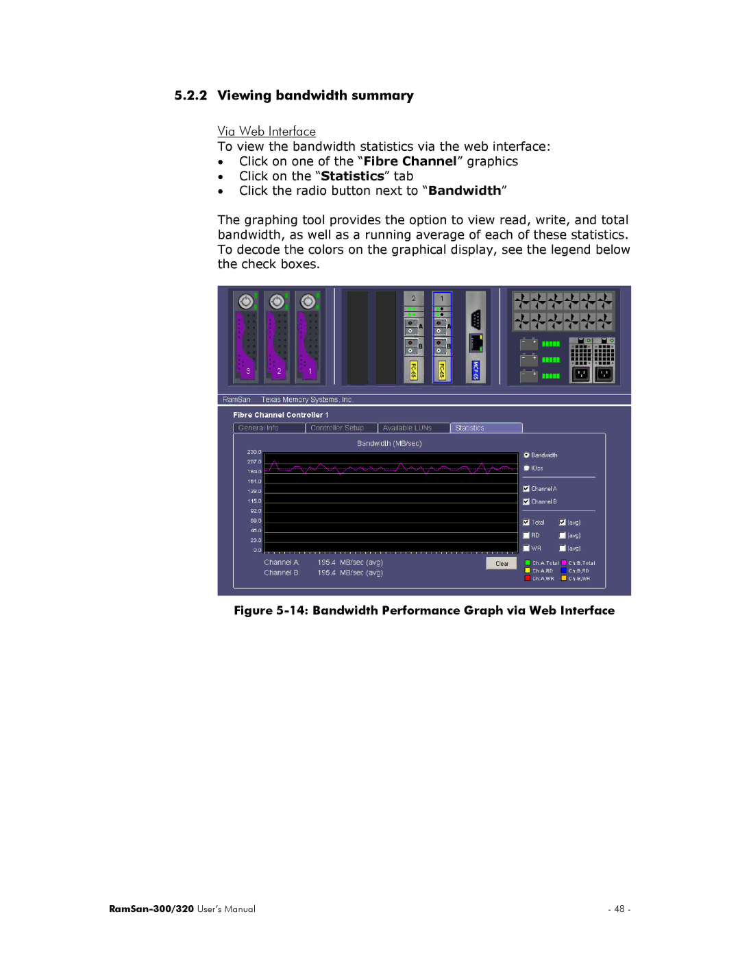 Texas Memory Systems RamSan-300/320 manual Viewing bandwidth summary, Bandwidth Performance Graph via Web Interface 