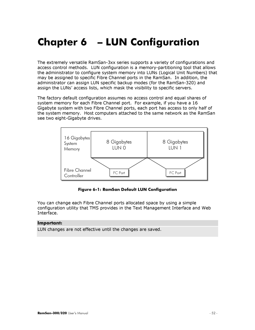 Texas Memory Systems RamSan-300/320 manual LUN Configuration, Gigabytes System Memory, Fibre Channel, Controller 