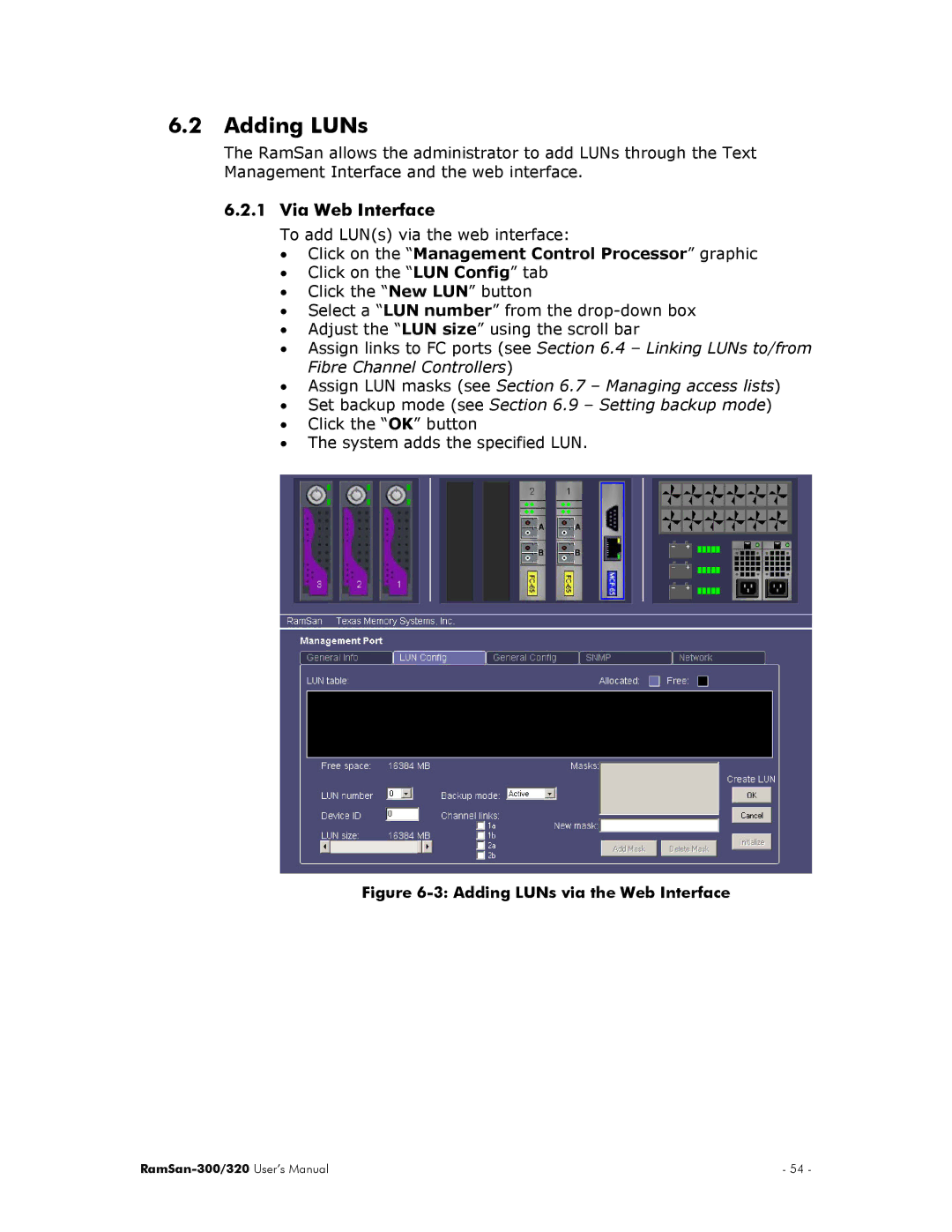 Texas Memory Systems RamSan-300/320 manual Adding LUNs, Via Web Interface 