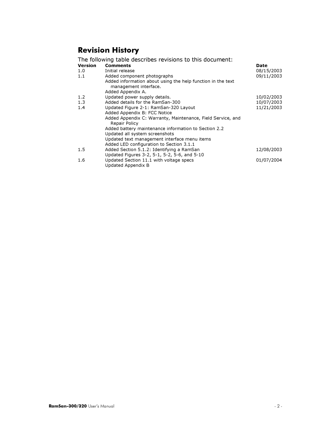 Texas Memory Systems RamSan-300/320 manual Revision History, Following table describes revisions to this document 