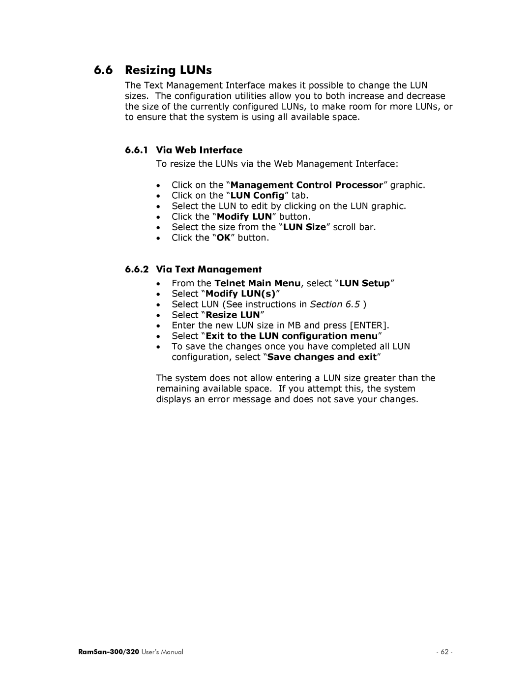 Texas Memory Systems RamSan-300/320 manual Resizing LUNs, Select Resize LUN 