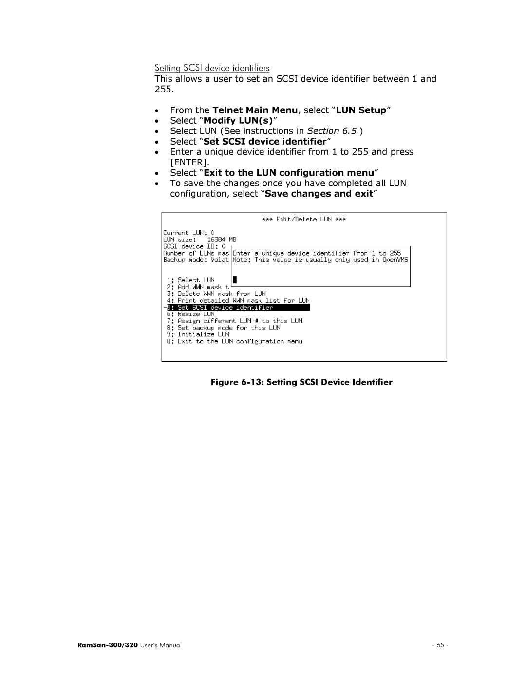 Texas Memory Systems RamSan-300/320 manual Setting Scsi device identifiers, Select Set Scsi device identifier 