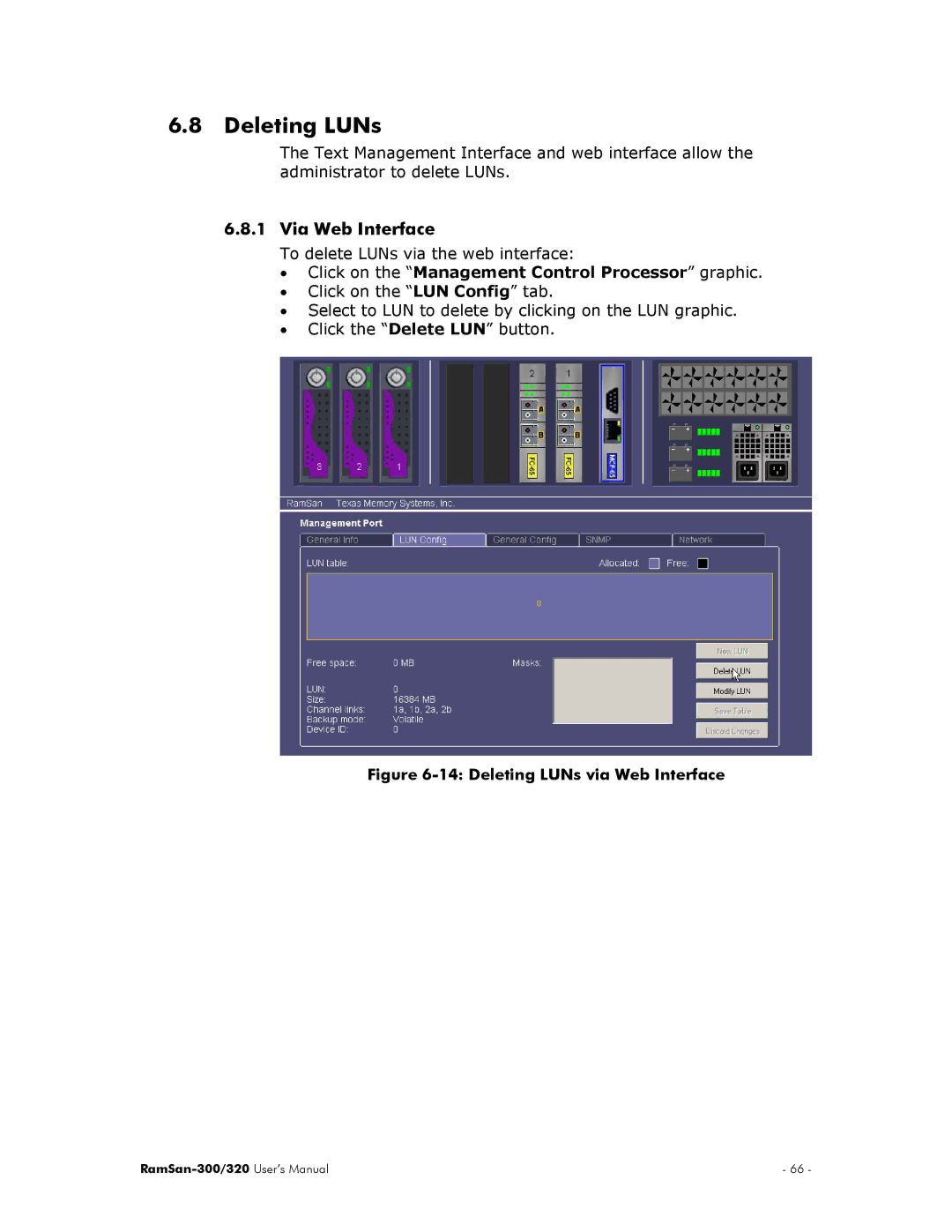 Texas Memory Systems RamSan-300/320 manual Deleting LUNs via Web Interface 