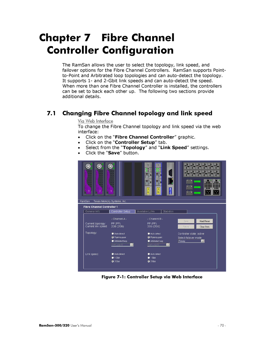 Texas Memory Systems RamSan-300/320 Fibre Channel Controller Configuration, Changing Fibre Channel topology and link speed 