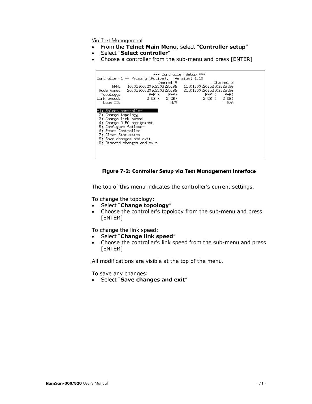 Texas Memory Systems RamSan-300/320 manual Select Change topology, Select Change link speed, Select Save changes and exit 