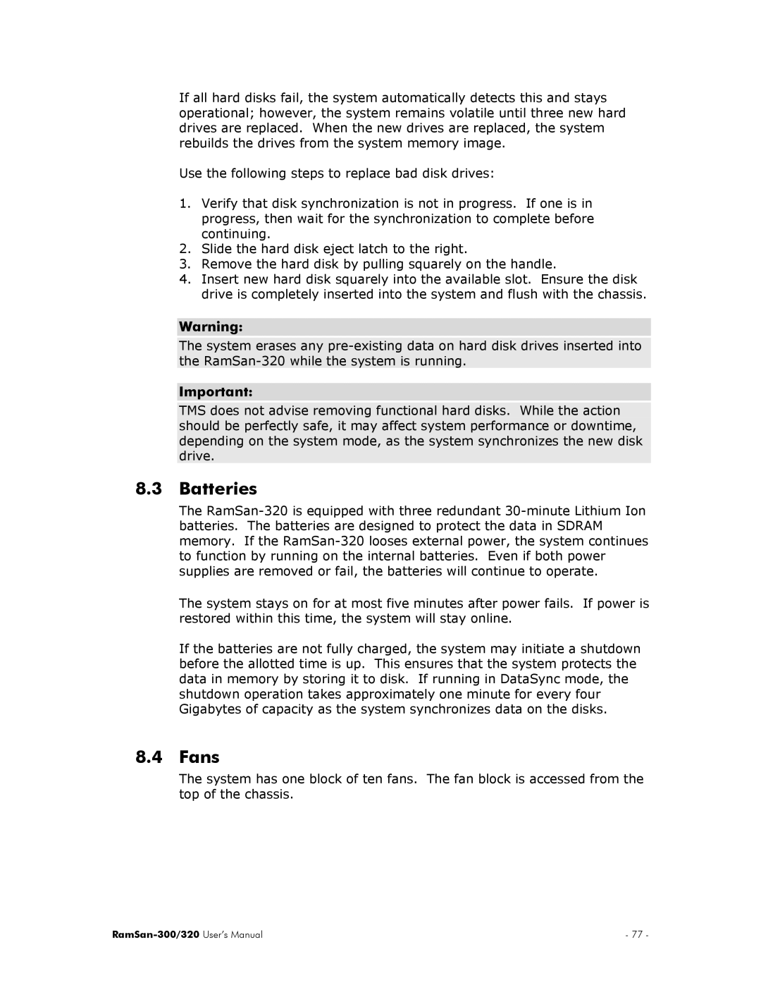 Texas Memory Systems RamSan-300/320 manual Batteries, Fans 