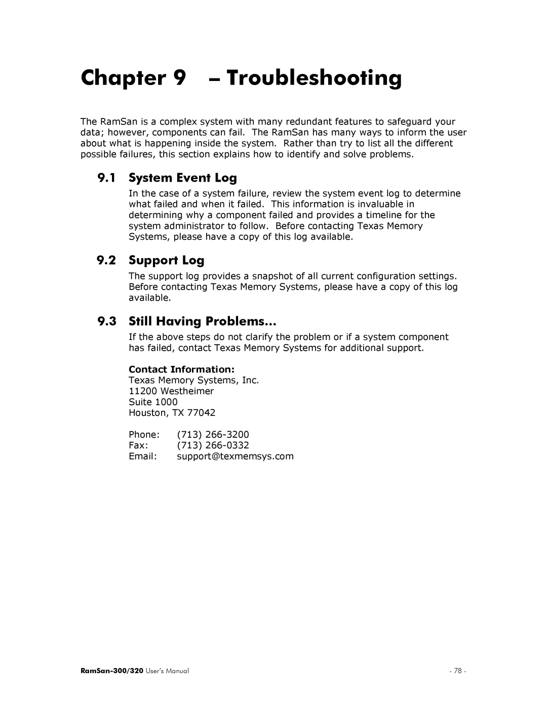 Texas Memory Systems RamSan-300/320 manual Troubleshooting, System Event Log, Support Log, Still Having Problems… 