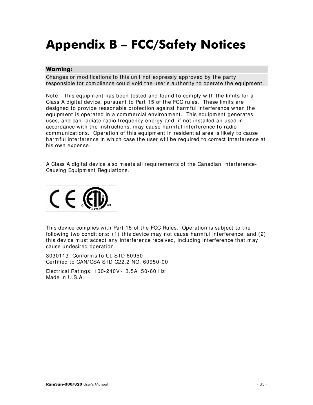 Texas Memory Systems RamSan-300/320 manual Appendix B FCC/Safety Notices 