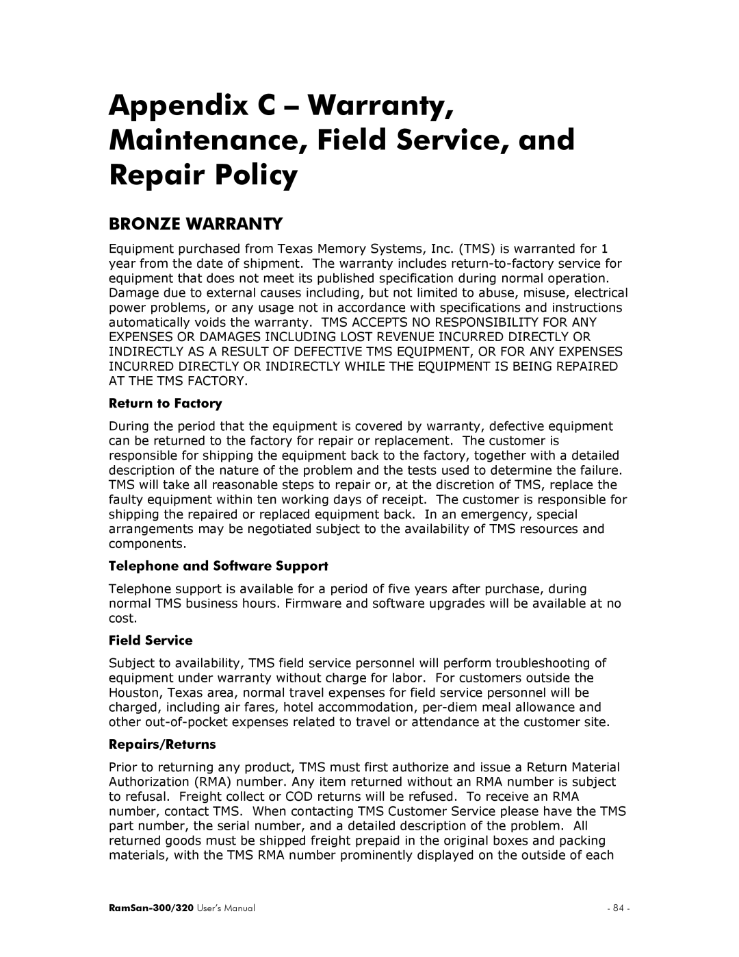 Texas Memory Systems RamSan-300/320 Return to Factory, Telephone and Software Support, Field Service, Repairs/Returns 