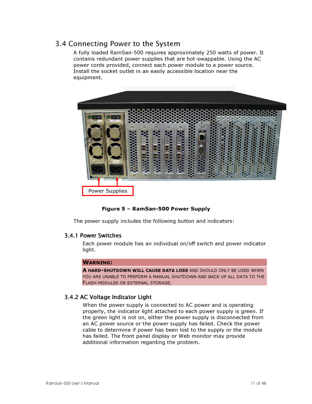 Texas Memory Systems RamSan-500 manual Connecting Power to the System, Power Switches, AC Voltage Indicator Light 