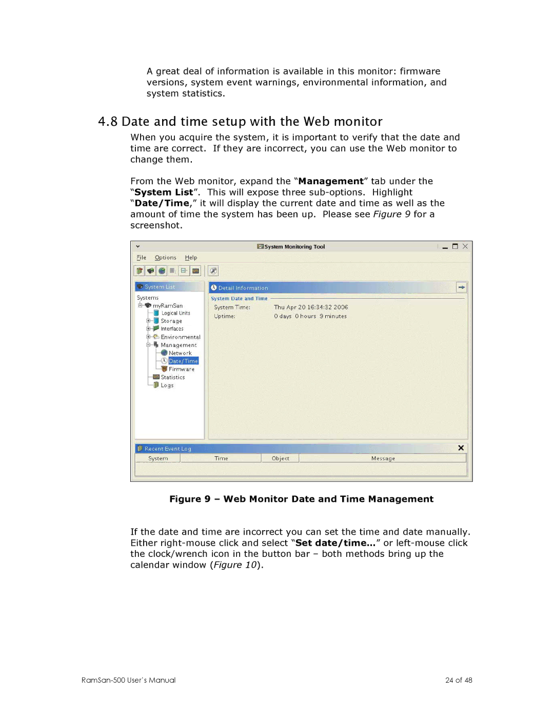 Texas Memory Systems RamSan-500 manual Date and time setup with the Web monitor 