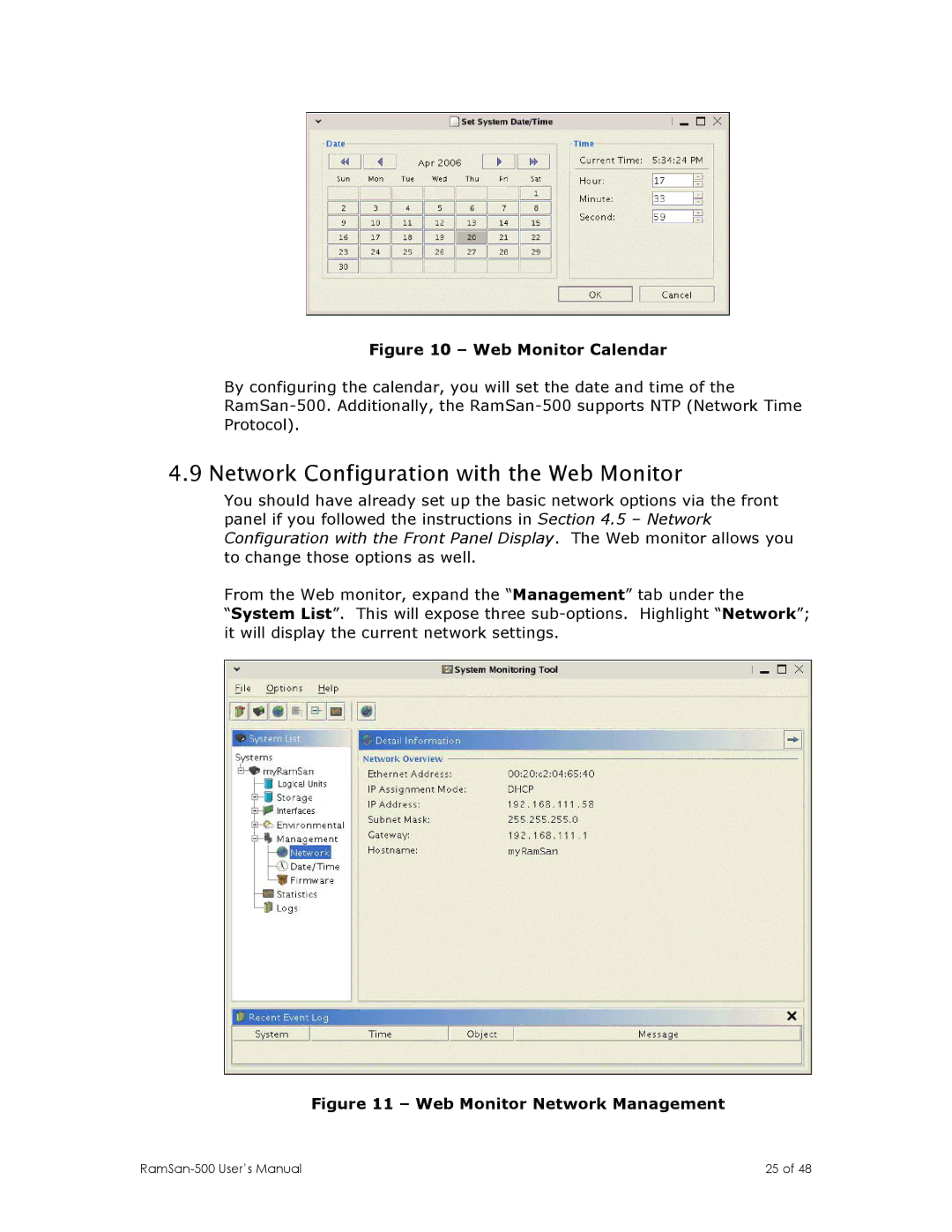 Texas Memory Systems RamSan-500 manual Network Configuration with the Web Monitor, Web Monitor Network Management 