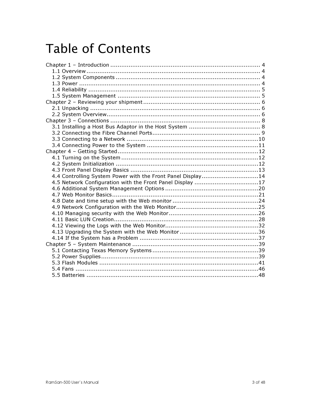 Texas Memory Systems RamSan-500 manual Table of Contents 