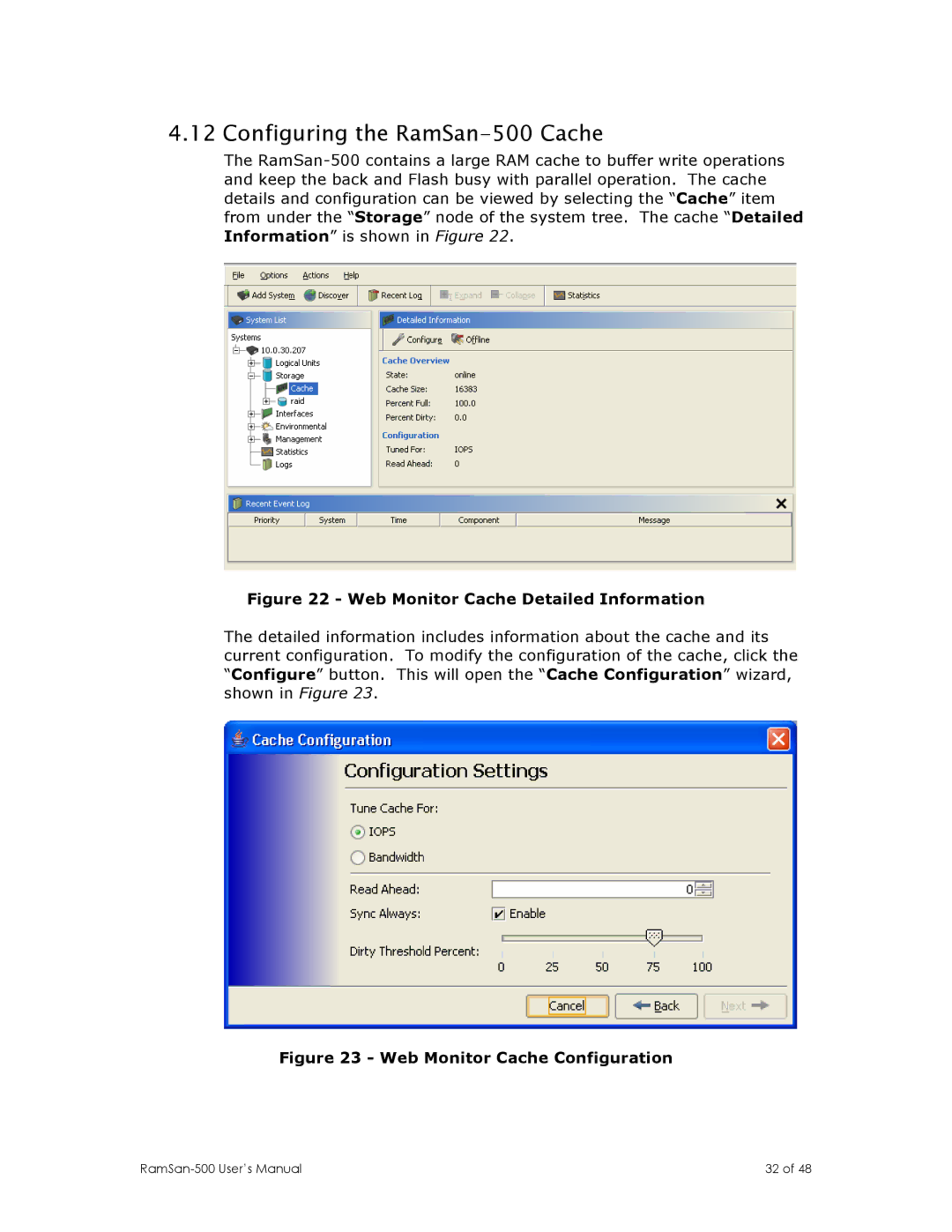 Texas Memory Systems manual Configuring the RamSan-500 Cache, Web Monitor Cache Configuration 