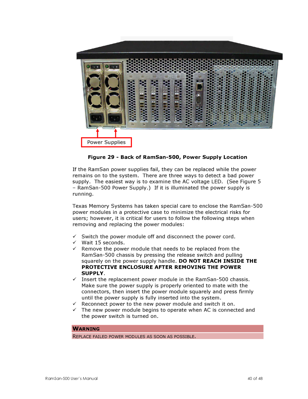 Texas Memory Systems RamSan-500 manual Replace Failed Power Modules AS Soon AS Possible 