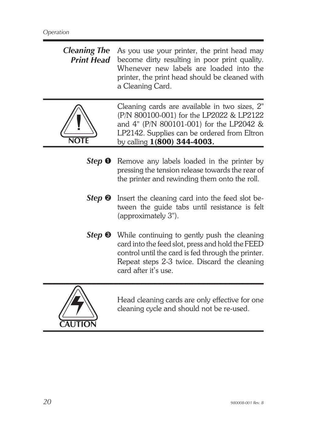 The Eltron Company LP2042, LP2142, LP2122, LP2022 user manual Cleaning The Print Head 