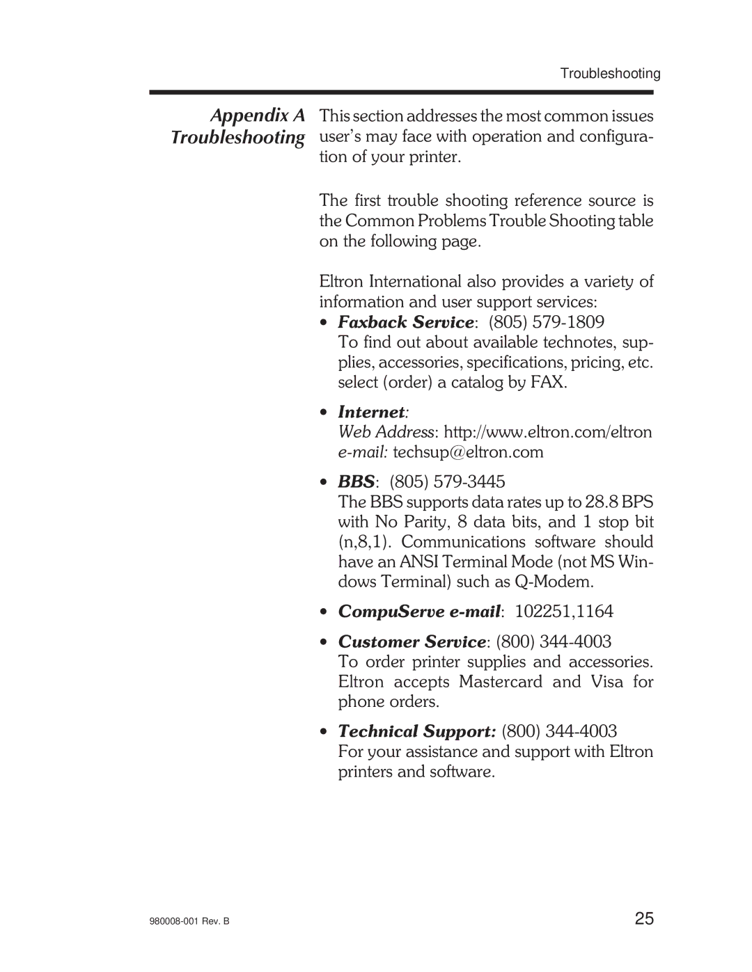 The Eltron Company LP2022, LP2142, LP2122, LP2042 user manual Appendix a Troubleshooting, ∙ Internet 