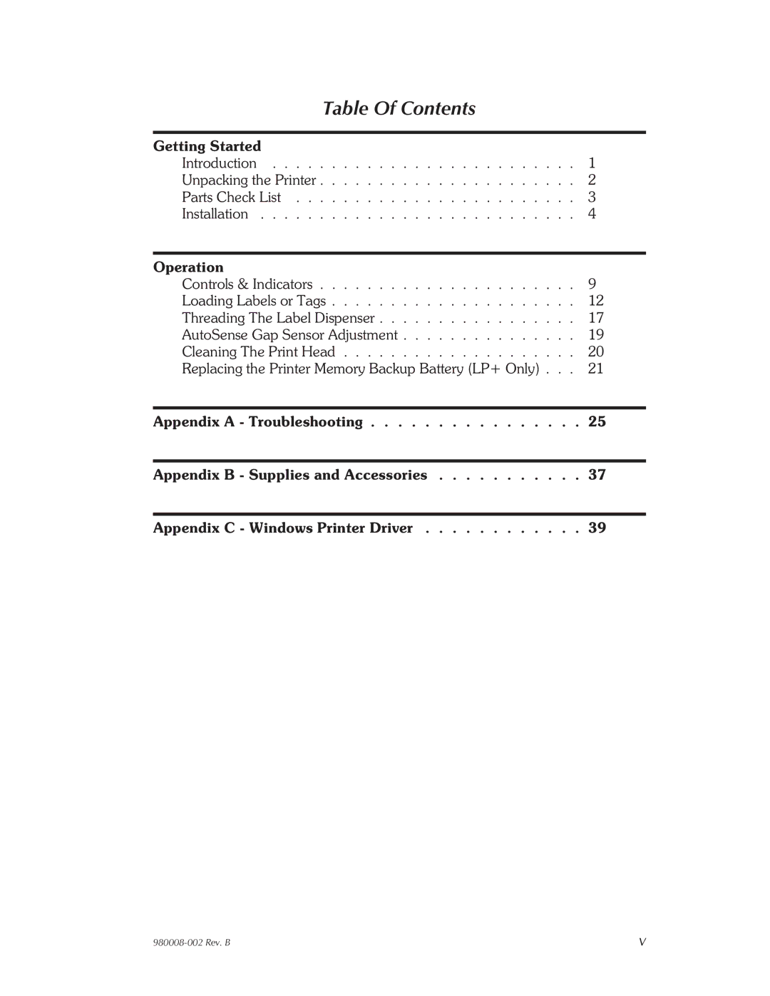 The Eltron Company LP2122, LP2142, LP2042, LP2022 user manual Table Of Contents 