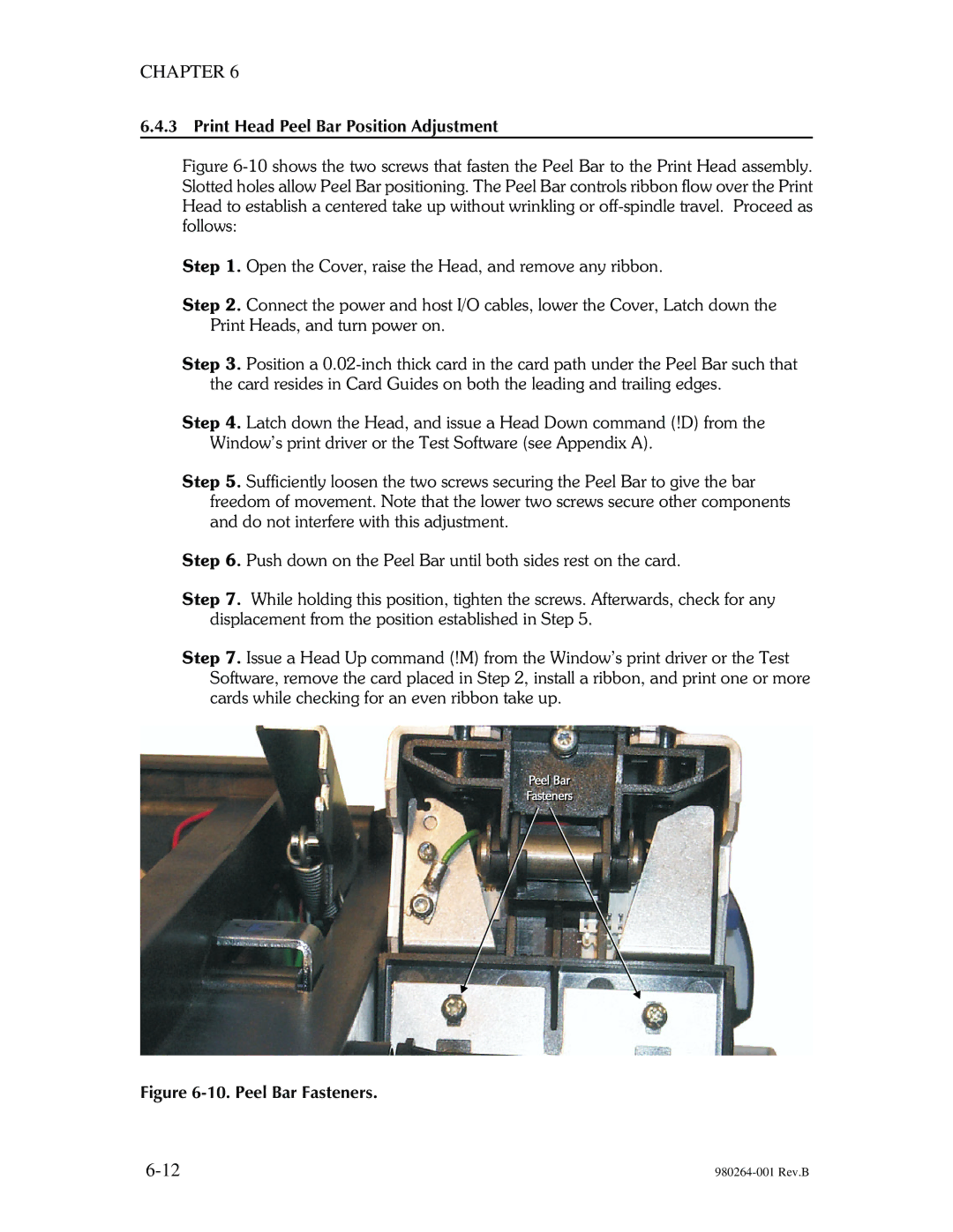 The Eltron Company P310 manual Print Head Peel Bar Position Adjustment, Peel Bar Fasteners 