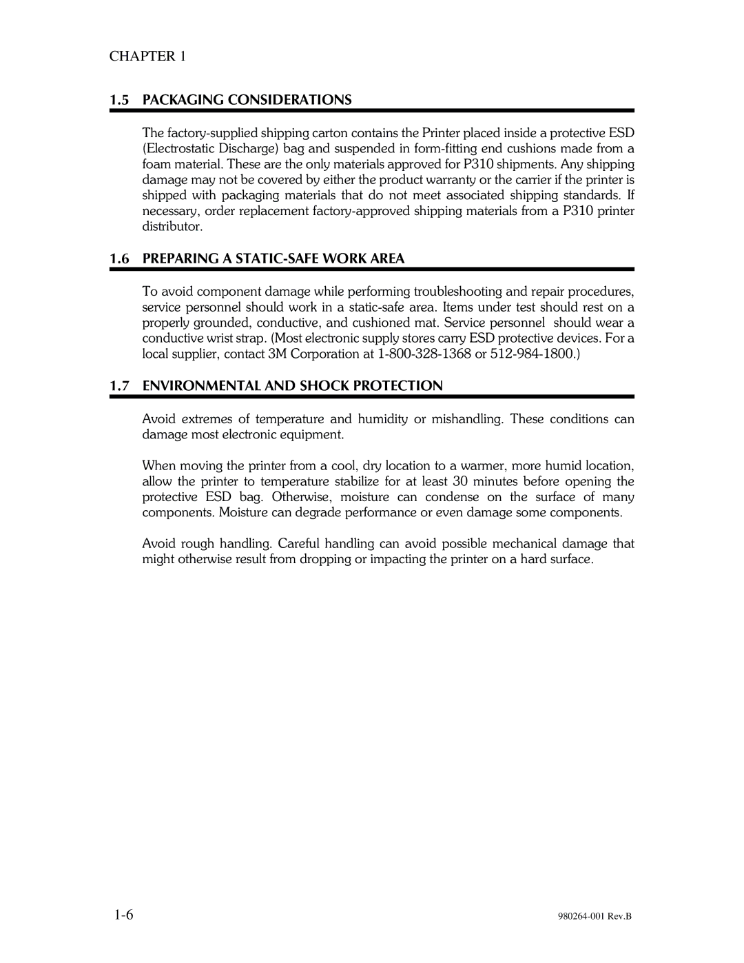 The Eltron Company P310 Packaging Considerations, Preparing a STATIC-SAFE Work Area, Environmental and Shock Protection 