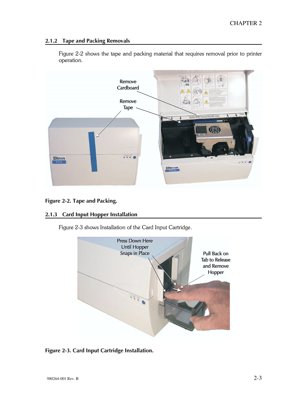 The Eltron Company P310 manual Tape and Packing Card Input Hopper Installation, Card Input Cartridge Installation 