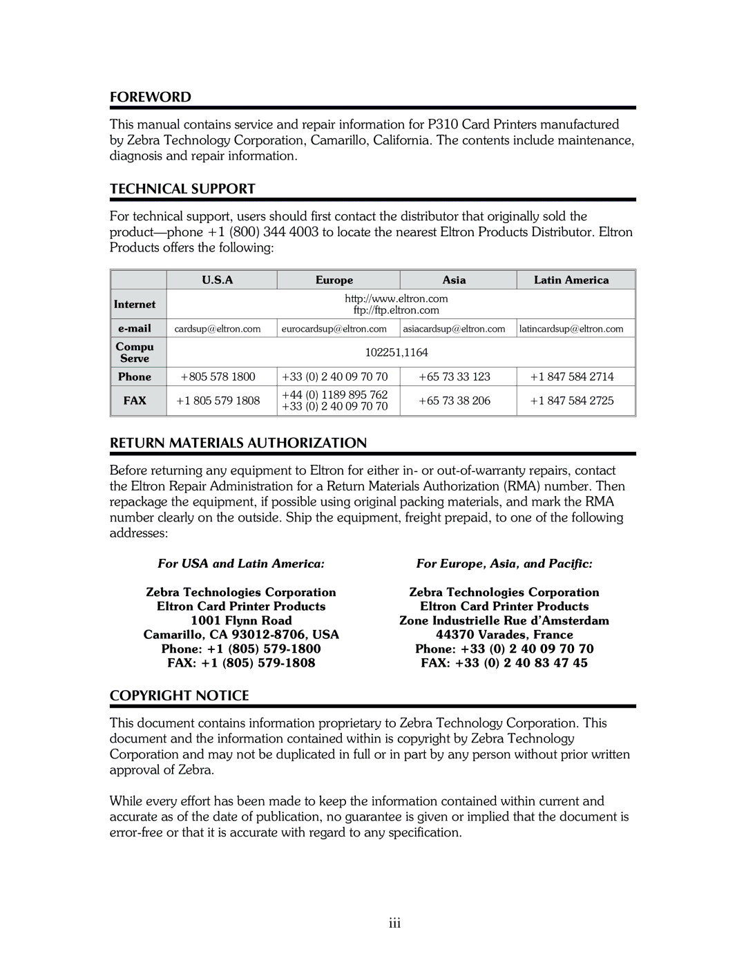 The Eltron Company P310 manual Foreword, Technical Support, Return Materials Authorization, Copyright Notice 