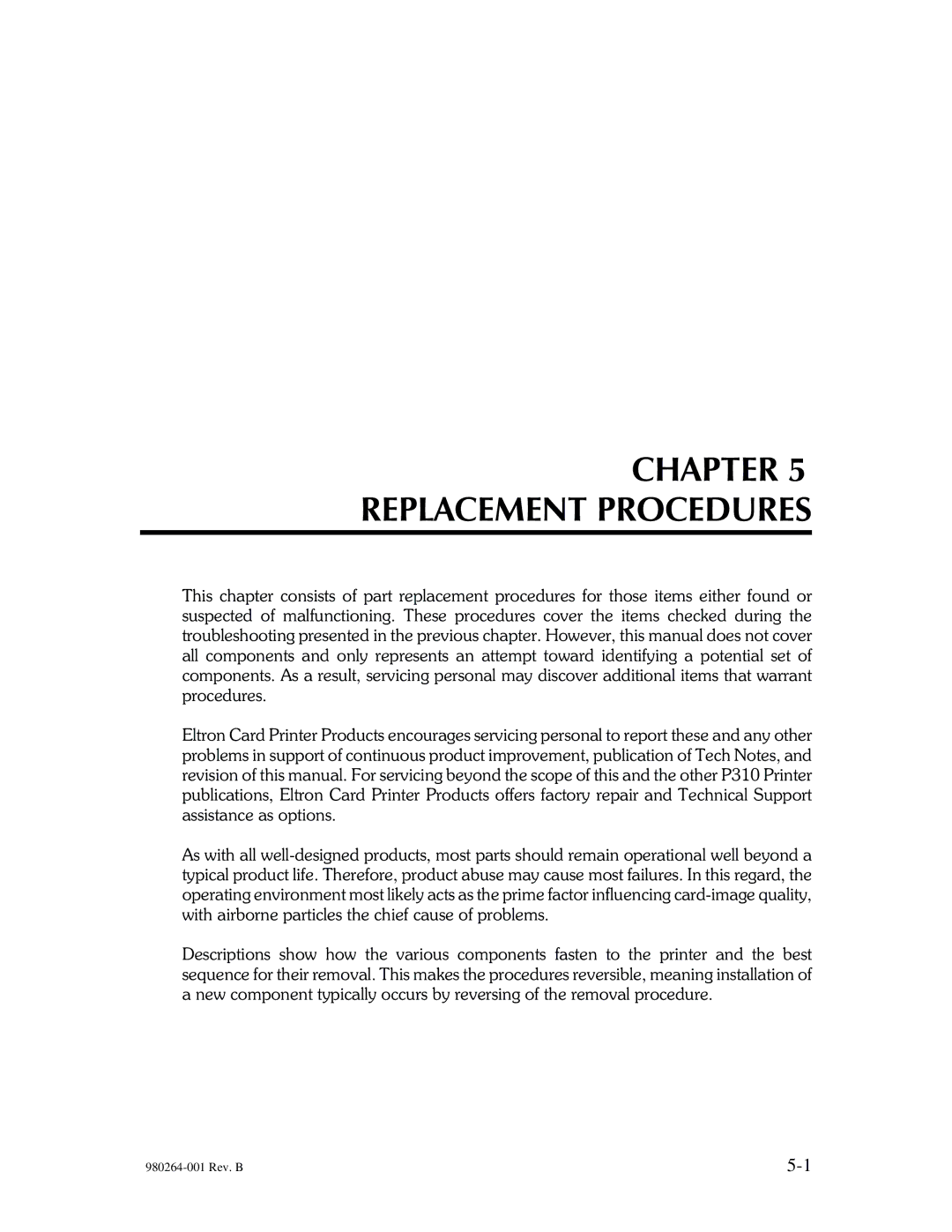 The Eltron Company P310 manual Chapter Replacement Procedures 