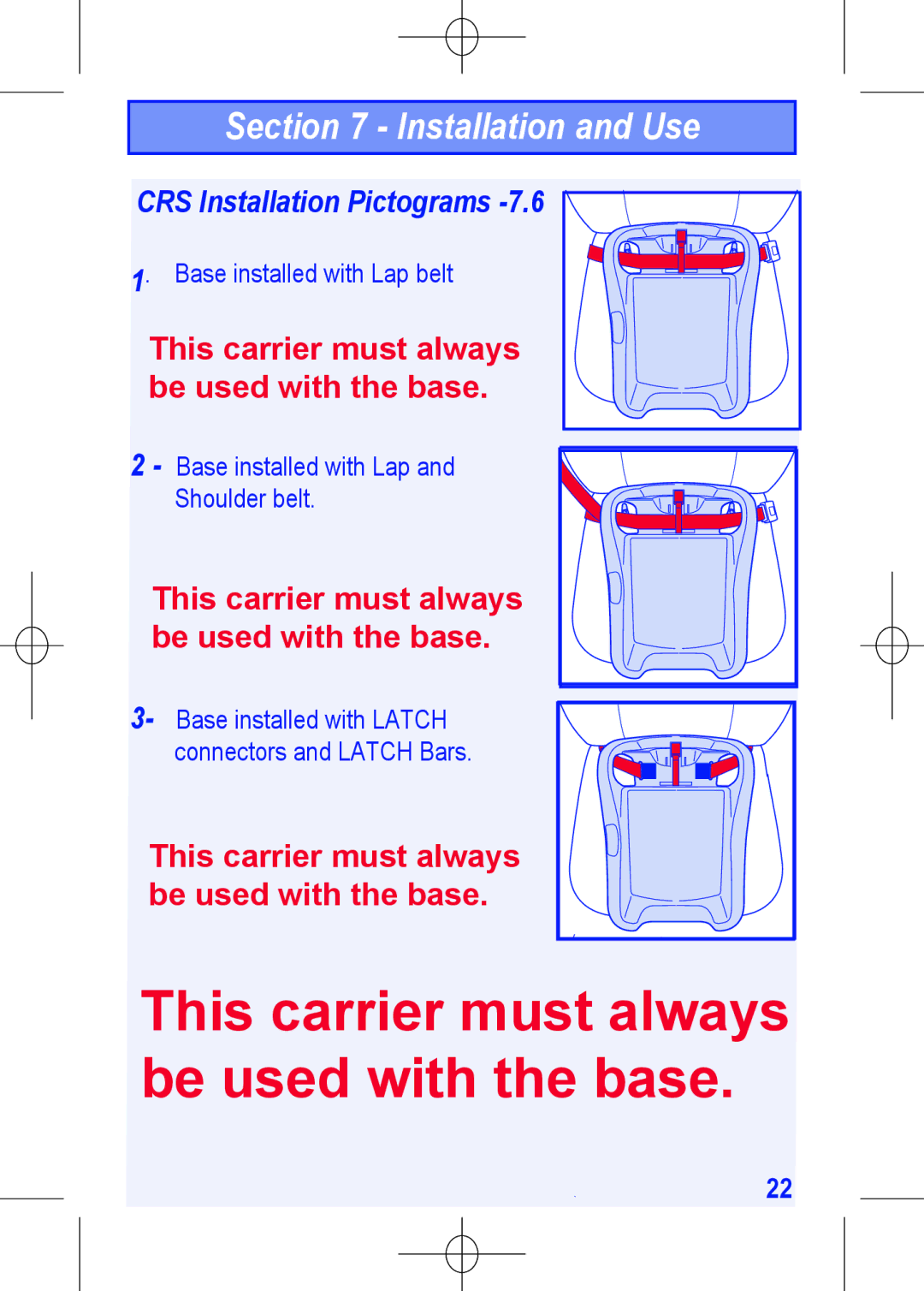 The First Years 1450 manual This carrier must always be used with the base, CRS Installation Pictograms 