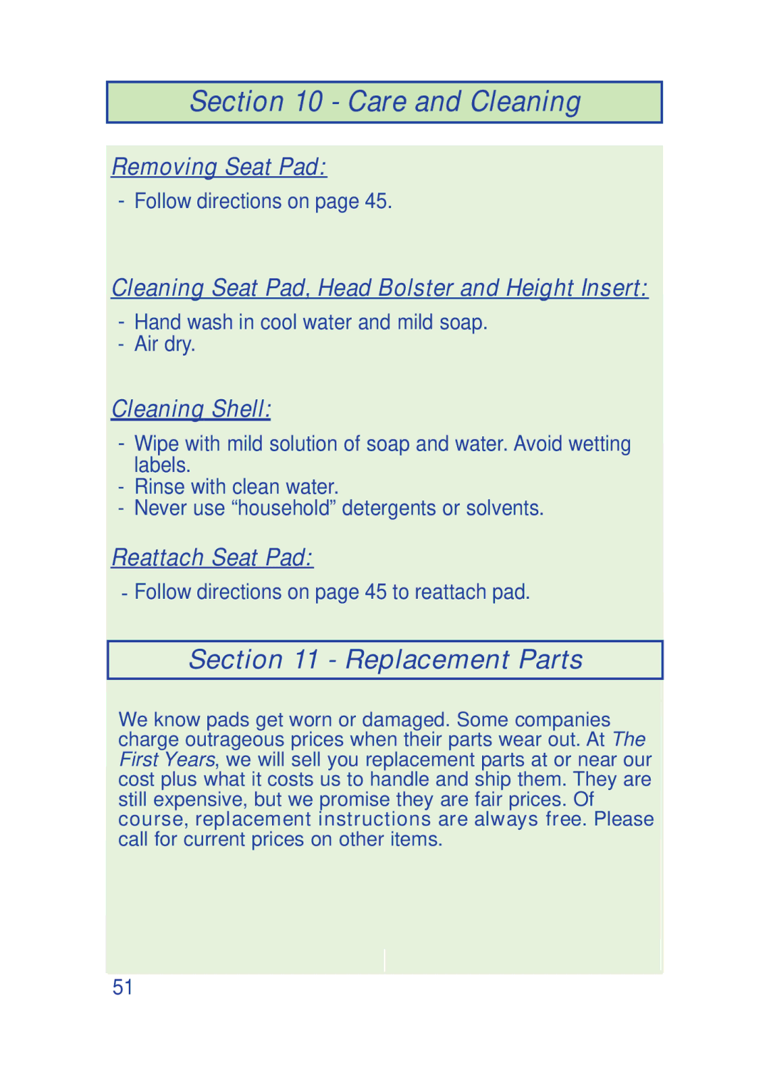 The First Years 630 manual Care and Cleaning, Replacement Parts 