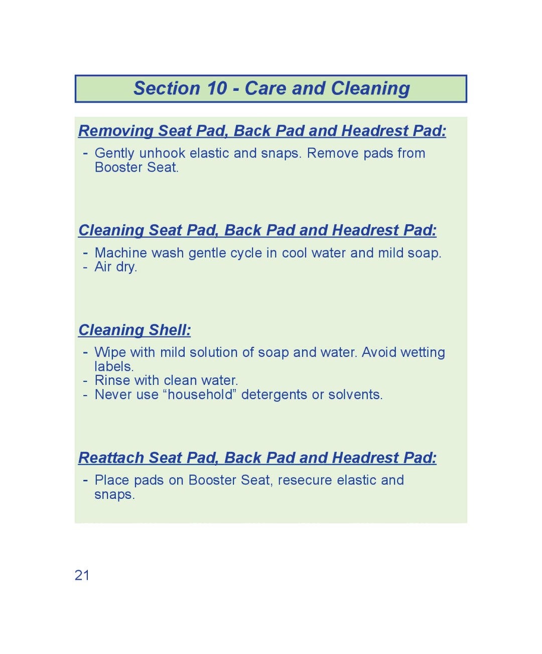 The First Years B500, B505 manual Care and Cleaning, Removing Seat Pad, Back Pad and Headrest Pad, Cleaning Shell 