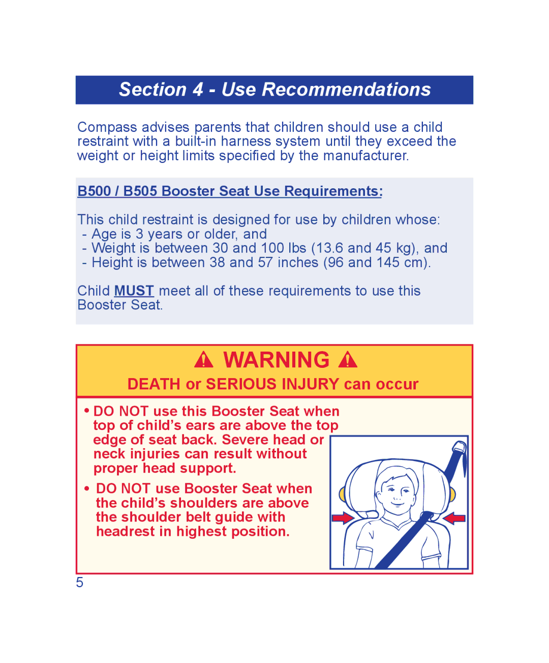 The First Years manual Use Recommendations, B500 / B505 Booster Seat Use Requirements 