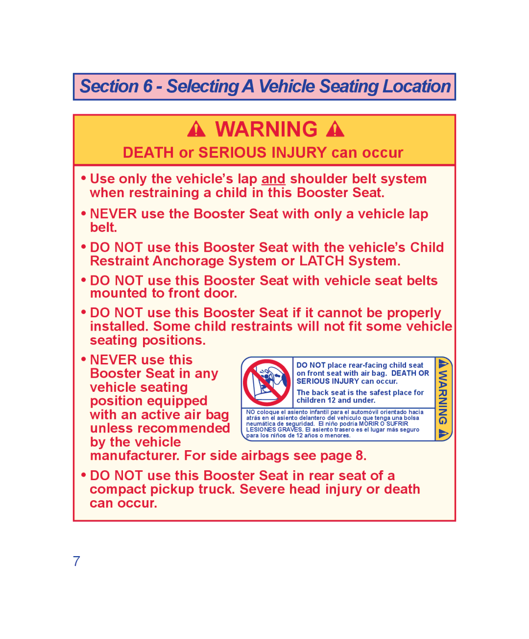 The First Years B500, B505 manual Selecting a Vehicle Seating Location 