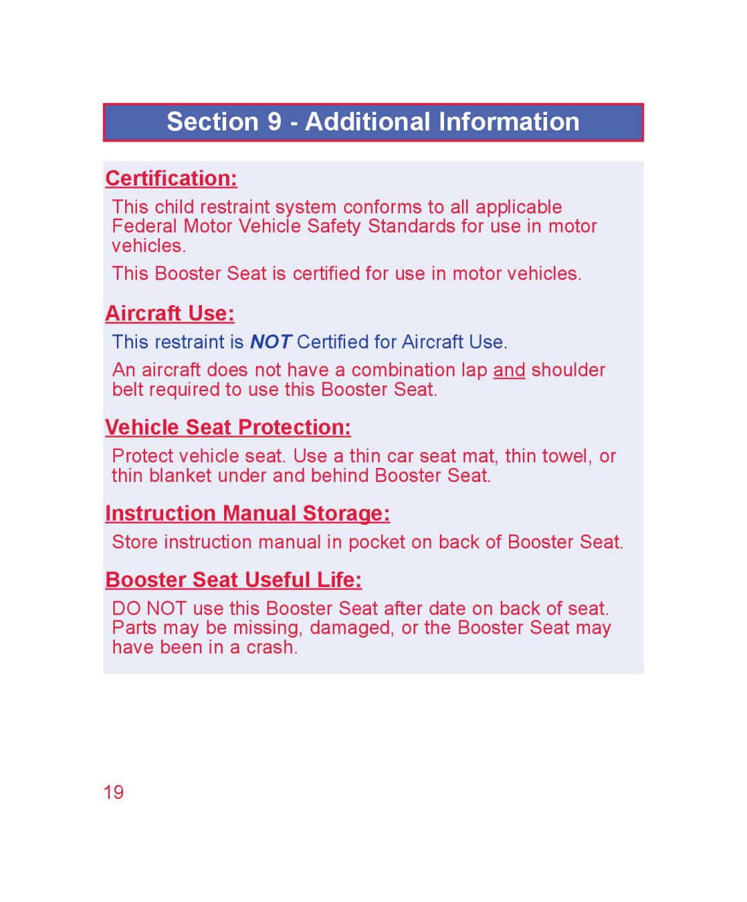 The First Years B510 manual Additional Information, Certification, Aircraft Use, Vehicle Seat Protection 