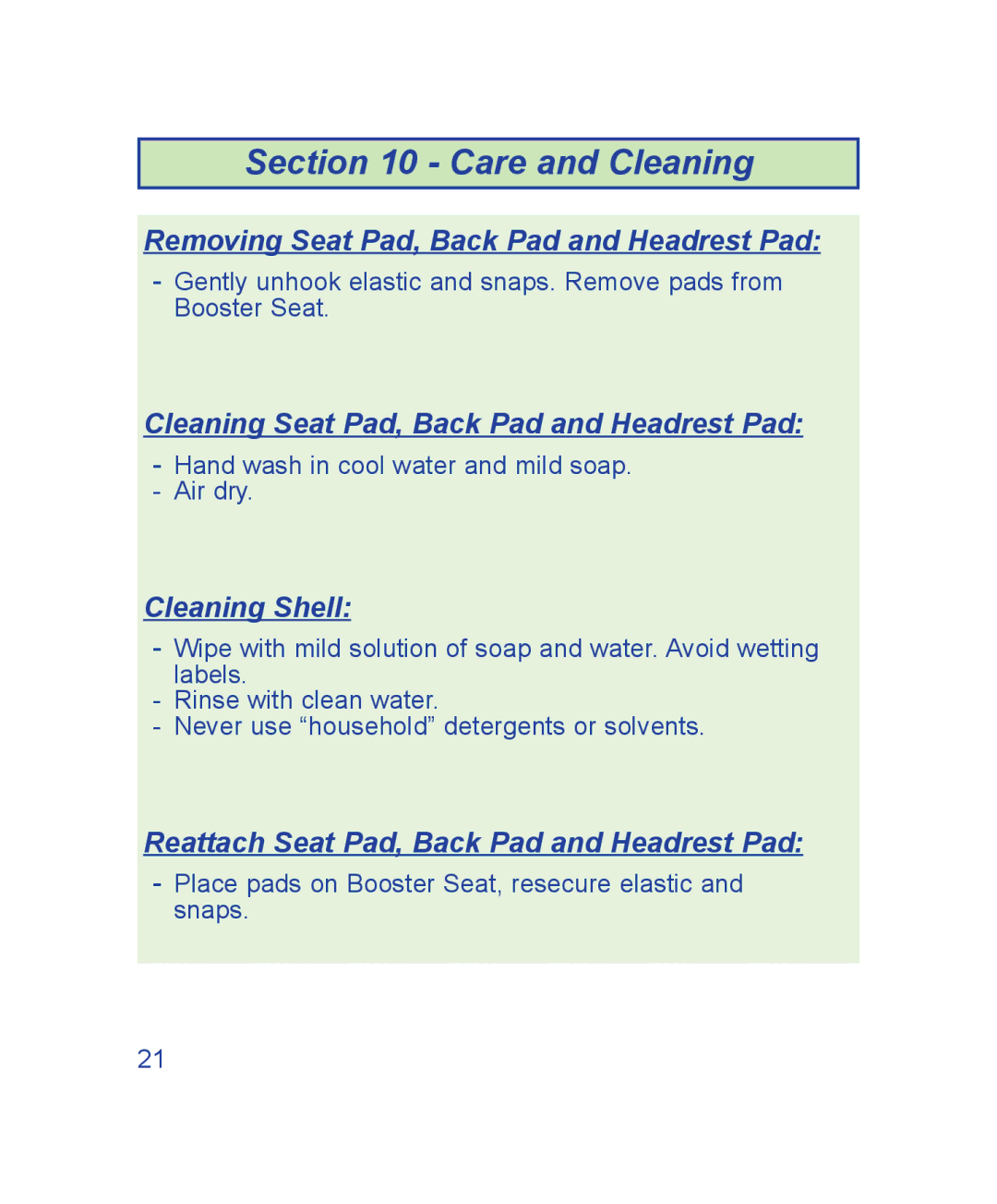 The First Years B530, B540 manual Care and Cleaning, Removing Seat Pad, Back Pad and Headrest Pad, Cleaning Shell 