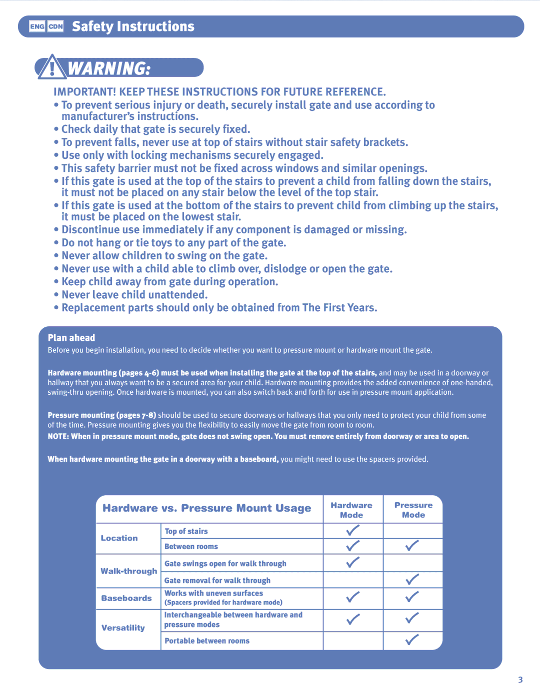 The First Years Swing Gate manual ENG CDN Safety Instructions, Hardware vs. Pressure Mount Usage 